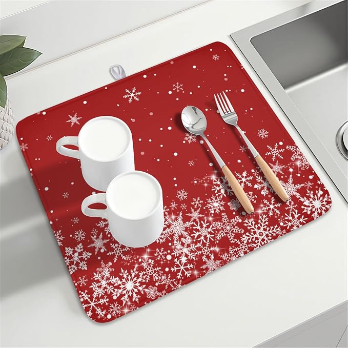 Christmas Dish Drying Mat for Kitchen Counter 16 x 18 Inch Xmas Snowflake Dish Drainer Mat Absorbent Microfiber Red Dish Rack Pad for Holiday Winter Coffee Dining Bar Decor