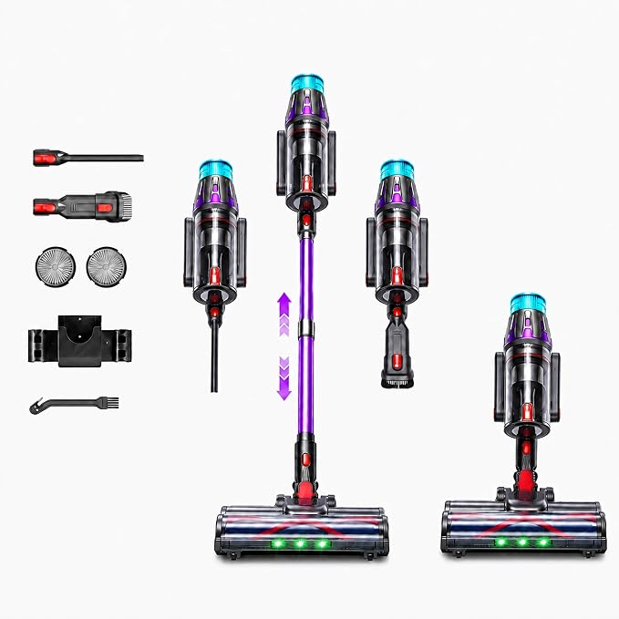 Cordless Vacuum Cleaner with LED Floor Brush, 6-in-1 Lightweight Stick Vacuum for Hardwood Floor Carpet Pet Hair, Rechargeable Handheld Vacuum with HEPA Filter & Multi Attachments