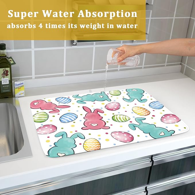 Easter Dish Drying Mat for Kitchen Counter Colorful Bunny Holiday Microfiber Absorbent Dish Draining Reusable Washable Foldable Extra Large 18"x24"