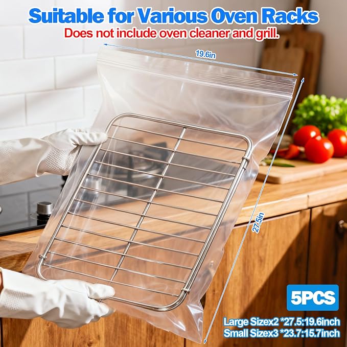 Palksky Oven Rack Cleaning Bags, Heavy Duty No Scrub Bags for Use with Oven Cleaner, Reusable Leak-Resistant PE Bags for Deep Soaking Grill Grates & BBQ Racks, No Cleaner Included, 5 Pack