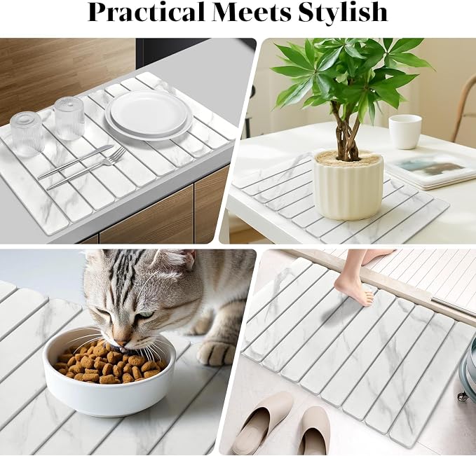 Large Stone Dish Drying Mats for Kitchen Counter, 24"(L)×16"(W) Marble-Pattern, Fast Drying Collapsible Dish Drying Mat, Eco-Friendly Absorbent Diatomaceous Earth Mats for Tableware, Match Countertop