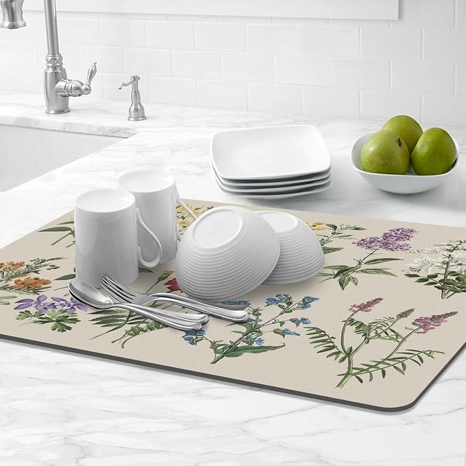 LOKHOM Dish Drying Mat for Kitchen Counter, 18"x24" Absorbent Coffee Bar Mat with Vintage Sage Flower Herbs, Dish Drainer Rack Mats for Kitchen Counter and Dining Room Decoration