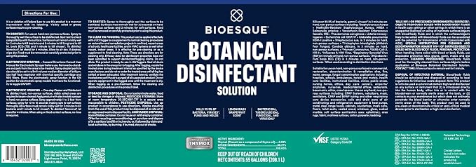 Bioesque Botanical Disinfectant Solution, Heavy Duty Broad-Spectrum Disinfectant, Kills 99.9% of Bacteria, Viruses*, Fungi, & Molds, 55 Gallon (Pack of 1)