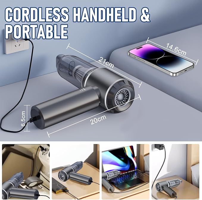 Houscly Car Vacuum Cordless Mini Handhled 4-in-1 High Power Cleaner 20000Pa | Brushless motor-6000mAh-Rechargeable-Duster blower-Pet hair crumb cleaning for car sofa office desk- Ideal gifts for men