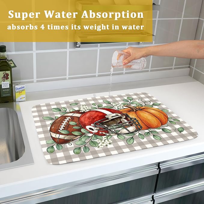 Fall Dish Drying Mat for Kitchen Counter Football Pumpkin Microfiber Absorbent Dish Draining Reusable Washable Foldable Extra Large 18"x24"
