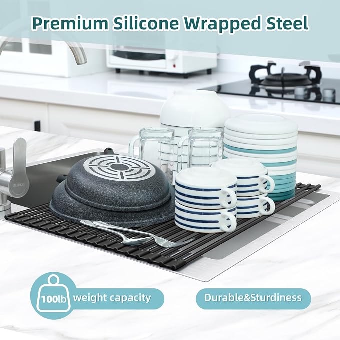 Ohuhu Over The Sink Dish Drying Rack, 20.5" W x 13.1" L Rolling Dish Drainer Foldable Sink Accessories Heat-Resistant Mat Anti-Slip Silicone Coated Dish Racks for Kitchen Counter