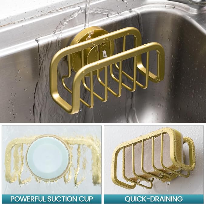 TAILI Sponge Holder for Kitchen Sink with Strong Suction Cup, Rustproof Aluminum Sink Caddy for Sponges, Removable Sponge Holder, Dish Brush for Scraper - Gold