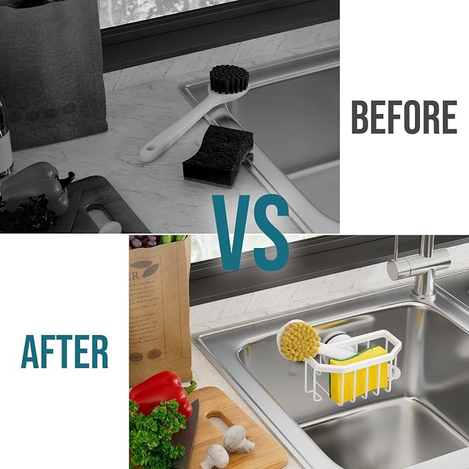TAILI Sponge Holder for Kitchen Sink with Strong Suction Cup Removable, Rustproof Aluminum Sink Caddy for Sponge, Brush, Scrubber, Scraper -White