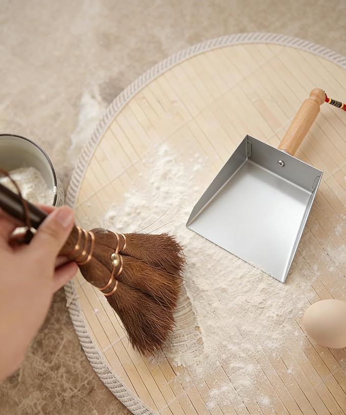 Mini Metal Dustpan and Brush Set for Fireplace Ash Cleanning | Heat-safe stainless steel dust pan and natural palm fiber hand broom, Anti-static for woodstove, Non plastic and eco-friendly