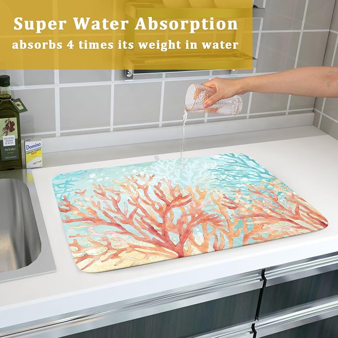 Giwawa Coastal Coral Dish Drying Mat Beach Ocean Drainer Rack Mat 18x24 Inch Microfiber Absorbent Reversible Dish Dry Pad for Kitchen Counter Sink