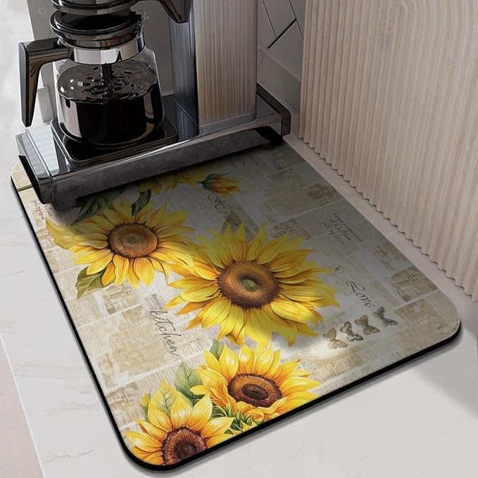 Sunflower Kitchen Countertop Dish Drying Mat,Super Absorbent Coffee Bar Mat for Maker Espresso Machine, Anti-Slip Accessories for Kitchen Countertops 24x18 Inch