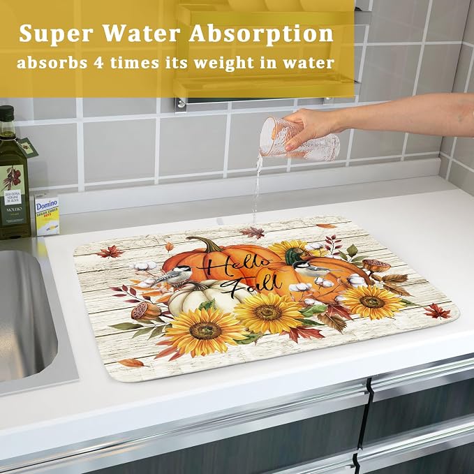 Hello Fall Dish Drying Mat Autumn Pumpkin Dish Drainer Rack Mats 18"x24" Fast Dry Microfiber Dish Drying Pad for Kitchen Countertop Table