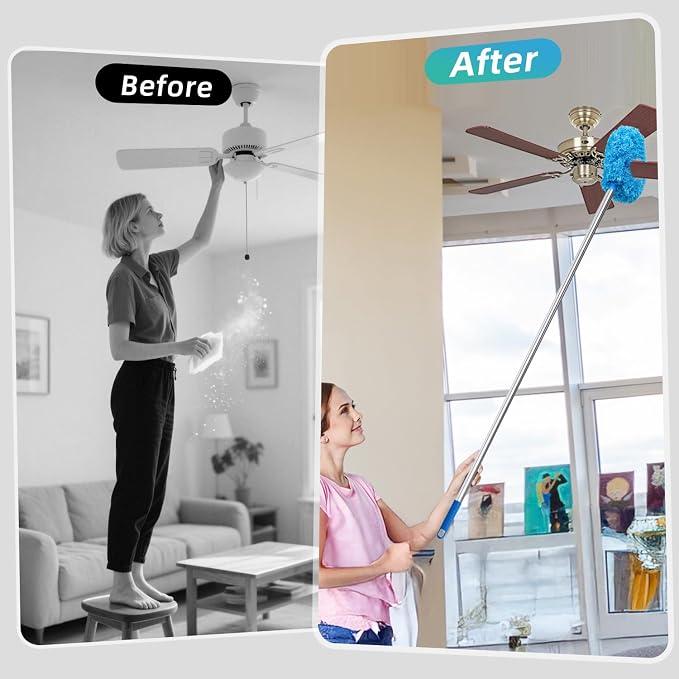 DRQ Ceiling Fan Cleaner Duster, 2 Pack Reusable Microfiber Duster with Extension Pole, 13 to 48 Inch Fan Blade Cleaner, Removable Dusters for Cleaning Walls Bookshelves Door Window Top (Blue)