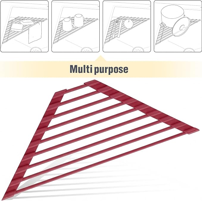 Tomorotec Small Triangle Roll-Up Dish Drying Rack with Silicone Coating Stainless Steel Frame for Sink Corners, Multipurpose Over-The-Sink Kitchen Drainer & Organizer for Space-Saving Storage-Wine red