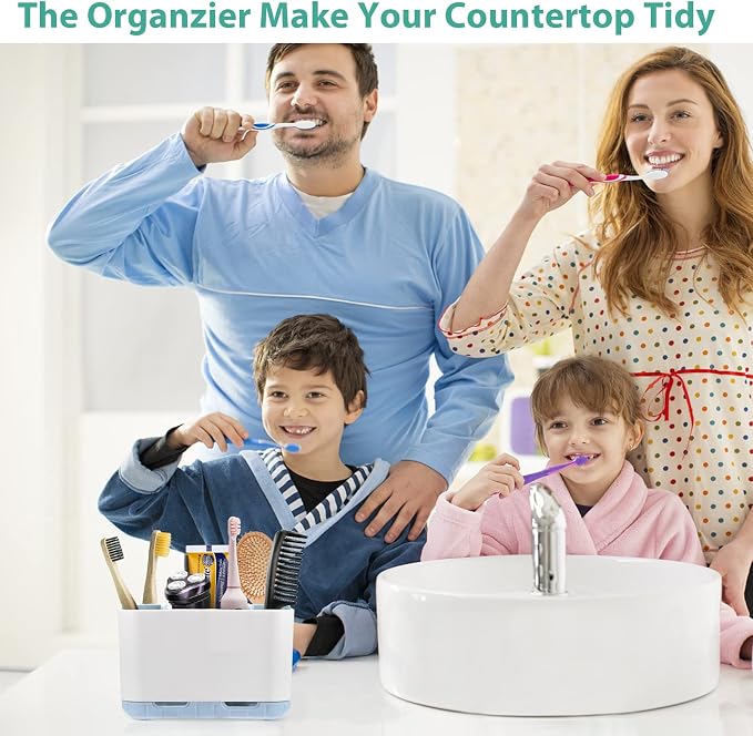 Boperzi Electric Toothbrush Holder for Bathroom Organizer Countertop, Detachable Anti-Slip Blue Toothpaste Storage Caddy 6 Slots White with Drainage Holes for Makeup Brush Razor Stand
