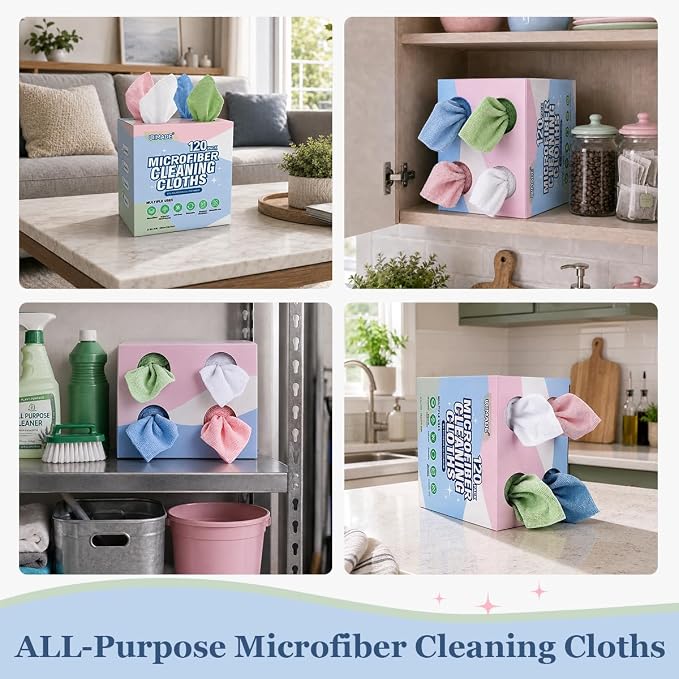 UNIMADE Microfiber Cleaning Cloth, 120 Pack Reusable Paper Towels Microfiber Towels for Cars Lint Free Shop Rags with for Home Kitchen Automotive, 11"x 9", White & Green & Blue & Pink