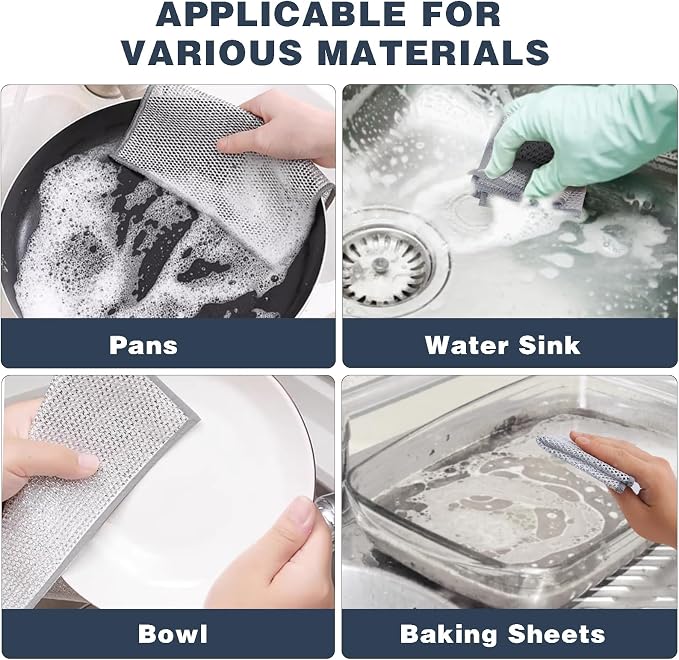 PIPUHA 10 Pack Non-Scratch Stainless Steel Scrubber, Reusable Diamond Weave Scrubber Cloths for Kitchen, Heavy-Duty Metallic Fiber Cleaning Cloth for Cookware, Dishes, Sinks, Easy-Rinse & Quick-Dry
