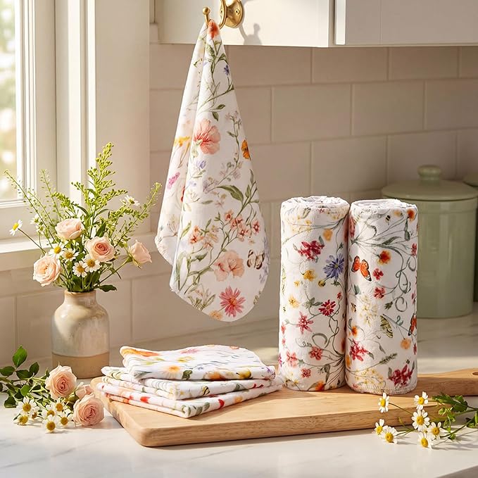 Reusable Cleaning Cloths Washable Cotton Kitchen Dish Towels for Home Party Supplies Bulk, 9.84x11.81in (36 Pack,Vintage Wildflower)