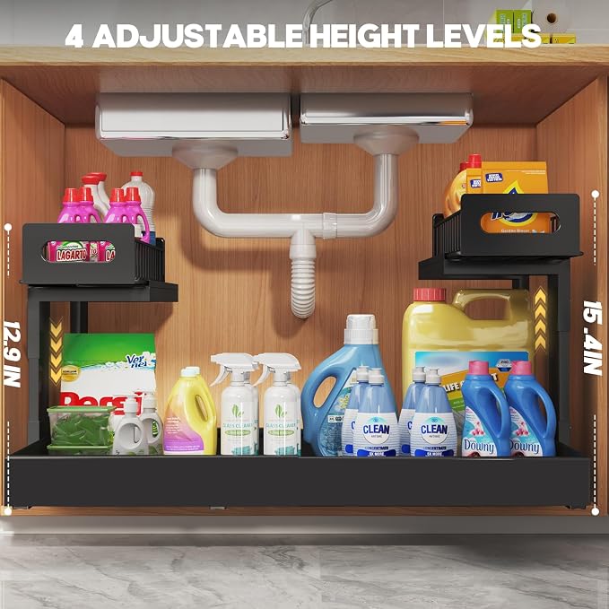 1 Pack-16"-26"W Expandable Under Sink Organizer With Upgrade Ball-Bearing Slide,2-Tier Pull Out Under Cabinet Organizer Height Adjustable,Not Suitable For Cabinets With Partitions In The Middle
