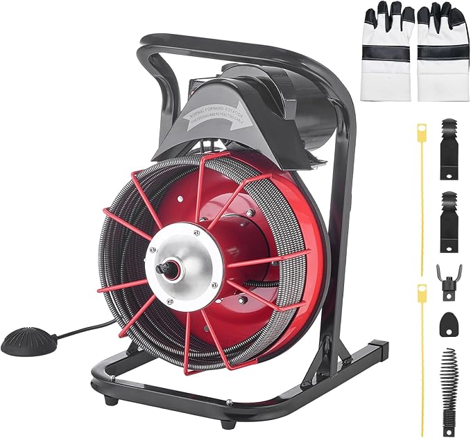 VEVOR Drain Cleaner Machine 75 FT x 3/8 Inch, Sewer Snake Auger Manual Feed with 4 Cutters & Air-activated Foot Switch for 2" to 4" Pipes