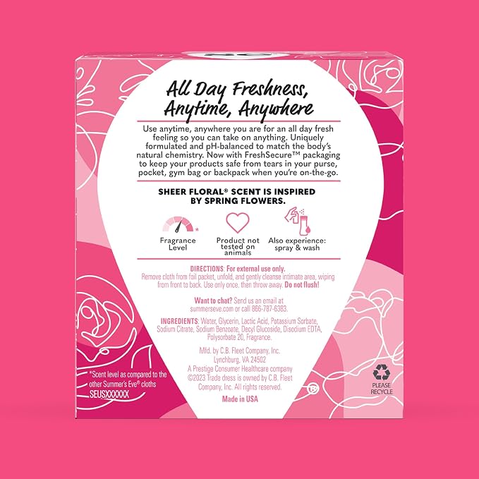 Summer's Eve Sheer Floral Feminine Wipes, Gentle pH-Balanced Formula Helps Control Vaginal Odor, Individually Wrapped Wipes, 12 Count