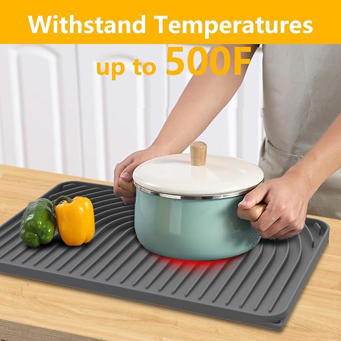 Dish Drying Mat for Kitchen Counter, 18"x12" Dish Drying Rack(gray) | Various Sizes & Colors,Steep-Slope Built in Drain,High-fin Ventilation,Food-grade Silicone,500F heat resistant,for Flat sinks