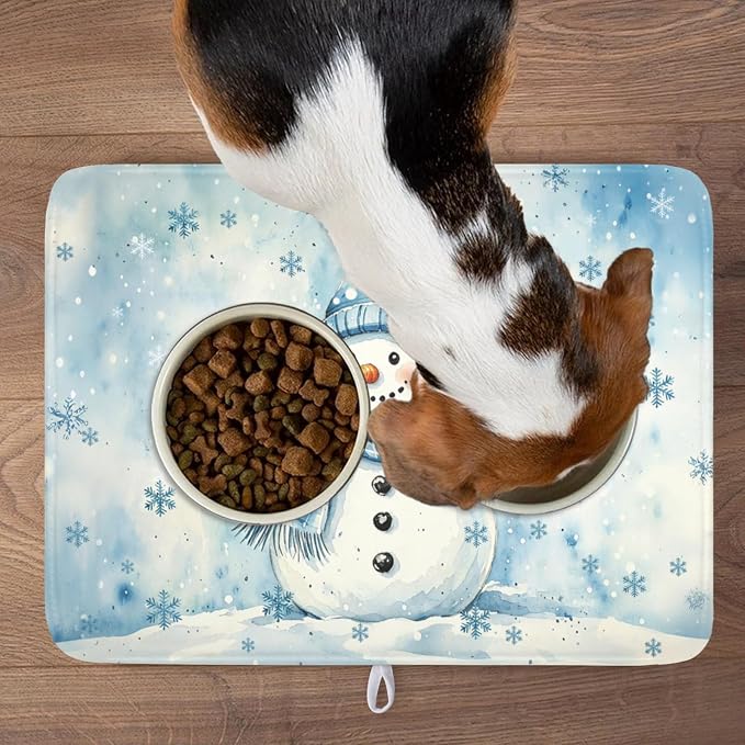 Winter Snowman Dish Drying Mat for Kitchen Counter 18x24 Inch | Blue Christmas Snowflake Snow Scene Dish Drainer Mat Rustic Seasonal Holiday Absorbent Washable Drying Pad