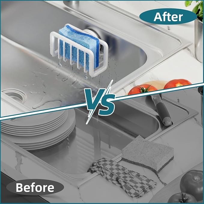 TAILI Sink Caddy with Strong Suction Cup, Sponge Holder for Kitchen Sink Oganizer, Removable Rustproof Aluminum Sponge Holder, Dish Brush for Scraper - White