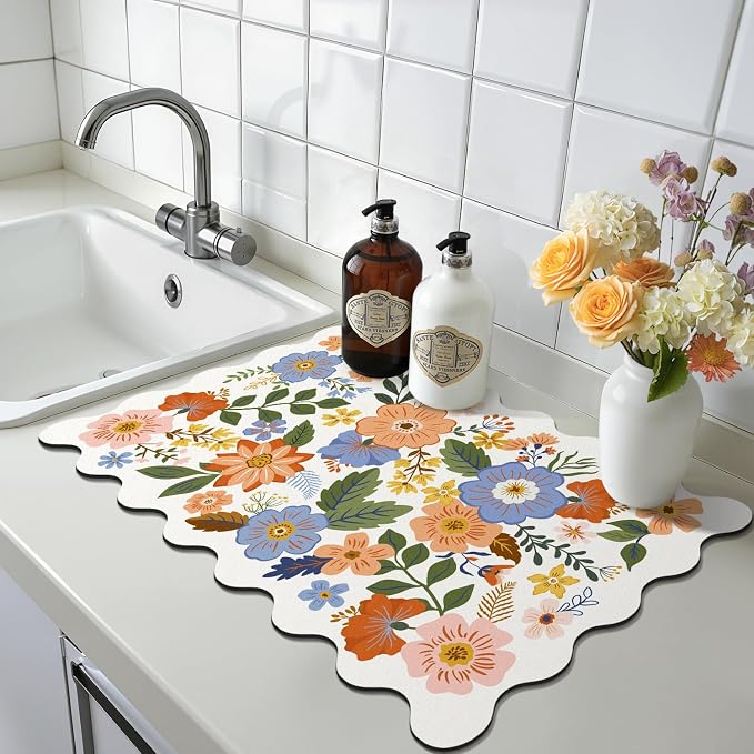 LOKHOM Scalloped Floral Dish Drying Mat, 12"x20" Super Absorbent Coffee Mat with Unique Spring Wildflowers, Cuttable Hide Stain Non-slip Drying Mat for Kitchen Counter Coffee Maker Espresso Machine