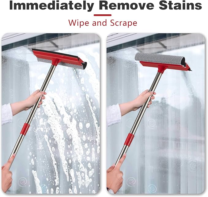 2-in-1 Window Squeegee with 30"-59" Stainless Steel Adjustable Handle - Glass Cleaner for Shower Doors, Car Windshield & High Outdoor Windows (Red)