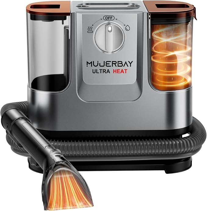 Upholstery Carpet Cleaner Machine, MUJERBAY UltraHeat 12Kpa Portable Spot and Stain, Easy Move with Universal Wheels & Handle, 1.18-inch Deep Cleaning Machine for Couch, Stairs, Car and Pet Messes.