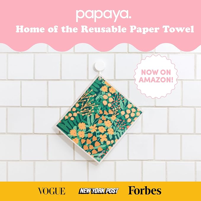 Papaya Swedish Dishcloths for Kitchen, 2 Reusable Paper Towels, 1 Hook