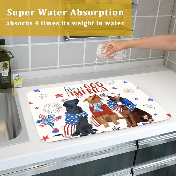 Giwawa 4th of July Patriotic Dogs Dish Drying Mat American Independence Day Dish Dry Pad 18"x24" Absorbent Dishes Drainer Mat for Kitchen Counter