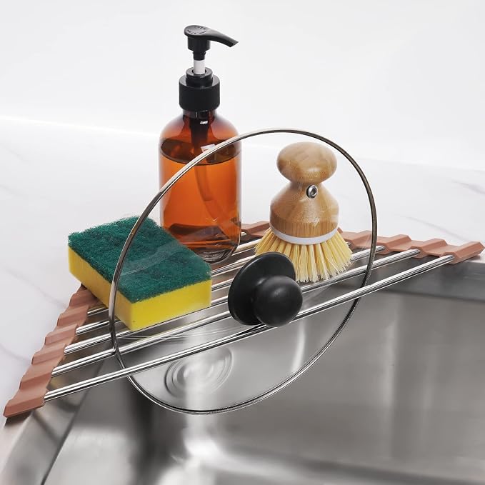 Tomorotec Triangle Roll-Up Dish Drying Rack for Sink Corner Small Foldable Stainless Steel Over The Sink Multipurpose Kitchen Drainer Caddy Trivet Rustproof Storage Shelf (Chocolate Brown)
