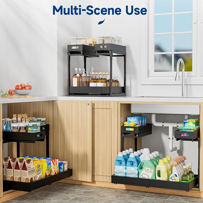 Insputer Upgrade Expandable Under Sink Organizer, 2 Tier Metal Under Cabinet Storage with 3 Slide Rails, Height Adjustable, Thickened Pull Out Drawer Shelf for Bathroom, Kitchen, Laundry, Pantry
