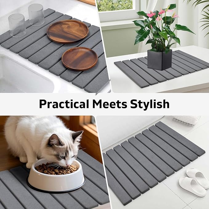 2 PCS Large Stone Dish Drying Mat for Kitchen Counter, 24"×16" Dish Drying Mat with 8"x 4" Coasters, Non - Slip Collapsible Absorbent Mat for Multi - Purpose, Match Any Countertop【Gray】