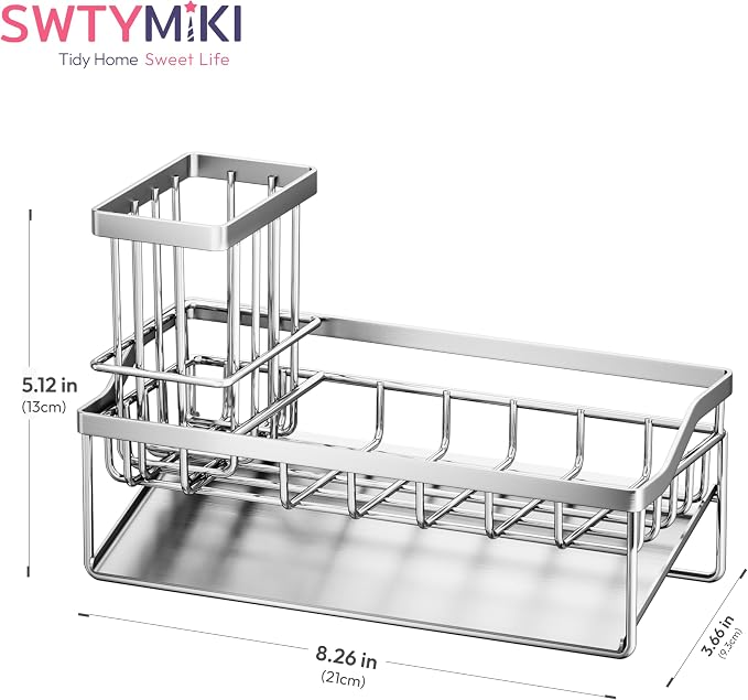 SWTYMIKI Sink Caddy Sponge Holder - Kitchen Sink Organizer with Stainless Steel Self Drain Tray & High Brush Holder for Countertop to Hold Dish Soaps and Sponges, Stainless Steel, Silver