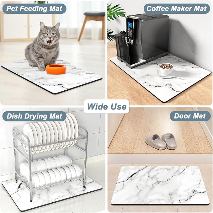 Rnivvi Coffee Mat, 12" x 19" Cute Marble Style Coffee Bar Mats for Espresso Machine Station Accessories and Organizer, Hide Stain Rubber Backed Absorbent Dish Drying Pad for Kitchen Counter, White
