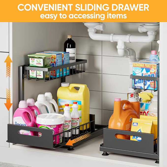 Saydear 2-Pack L-Shaped Under Sink Organizer, 2-Tier Pull-out Cabinet Rack | Black Height-Adjustable Steel Rack, Sliding Grid Drawers with PP Liners, Holds 100 Lbs, Suction Base, Ideal Kitchen Storage