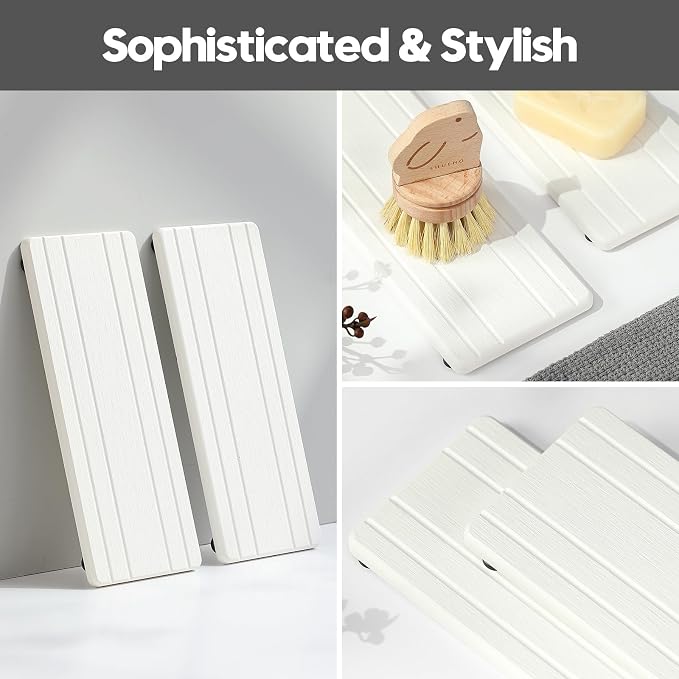 Razborci 2PCS Diatomite Quick Stone Drying Tray Mat for Bathroom & Kitchen Counter, Instant Dry Water Absorbent Drink Bar Coaster,Vanity Sink Caddy Organizer,Dish Soap Sponge Holder, White,9"x3.5"