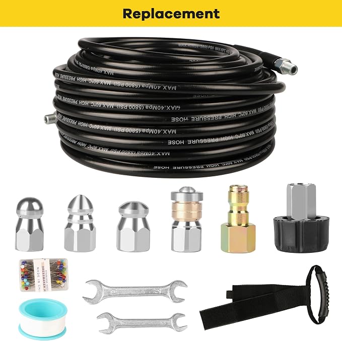 Pressure Washer Drain Jetter – Sewer Jetter Kit for Pressure Washer 150ft 1/4 Inch NPT Hose Nozzles and Adapter 5800PSI Clears Clogs in Pipes & Sewer Lines