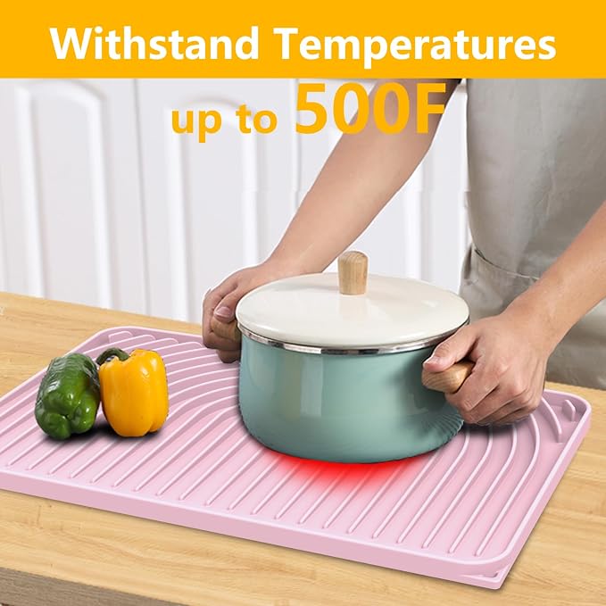 Dish Drying Mat for Kitchen Counter, 18"x12" Dish Drying Rack (pink) | Various Sizes & Colors,Steep-Slope Built in Drain,High-fin Ventilation,Food-grade Silicone,500F heat resistant,for Flat sinks