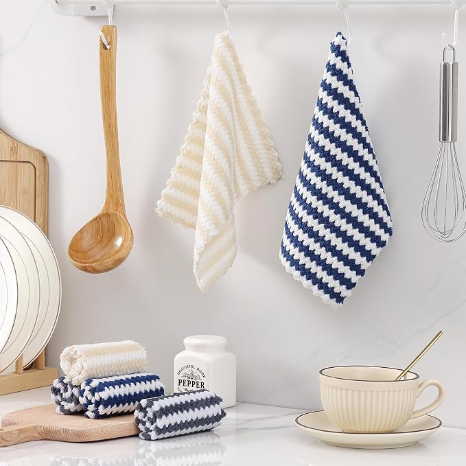 Homaxy 12 Pack Kitchen Dish Cloths, Ultra Soft and Absorbent Dish Towels, Reusable Fast Drying Microfiber Cleaning Cloth, Coral Velvet Wave Design No-lint, 7 x 9 inches, Dark Grey/Navy Blue/Beige