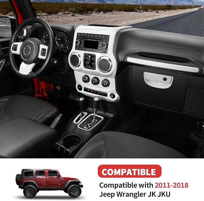 10PCS Full Set Interior Trim Kit for 2011-2018 Jeep Wrangler JK JKU,Center Console Trim, Dashboard Conditioning Switch Co-Pilot Handle Armrest Box Gear Shift Cover Trim(White)