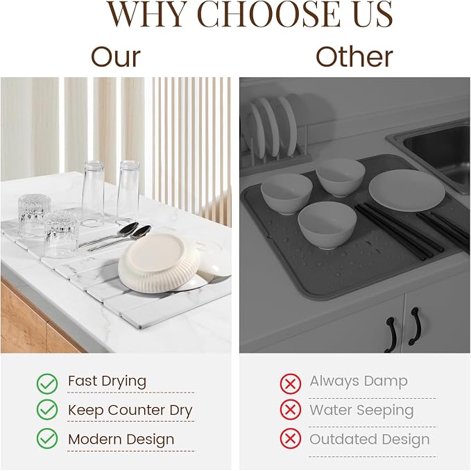 Large Stone Dish Drying Mats for Kitchen Counter 24"(L)×16"(W) Foldable Quick Dry Stone Dish Drying Mats Kitchen Absorbent Diatomaceous Earth Drying Stone Mat for Dishes Bottles Cups Marble White