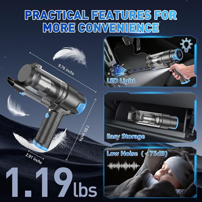 KMM Handheld Car Vacuum Cleaner, 16000PA Air Duster & Hand Held Vacuum | 120W High Power, Cordless, Portable, Rechargeable with Multi-Nozzles & LED Light for Home, Car, Office, Pet