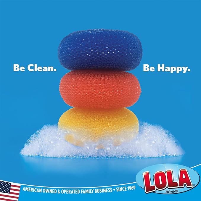 LOLA Plastic Mesh Scouring Pads - 18 Pack, 3.375" x 1.25", Non-Scratch Scrubbers to Clean Dishes, Assorted Colors - 1 Red, 1 Blue & 1 Yellow