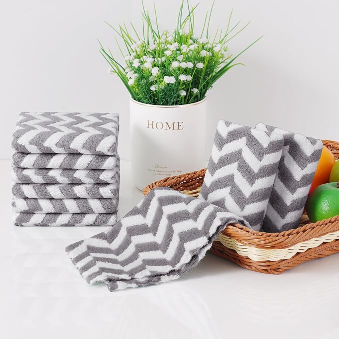 Homaxy 12 Pack Kitchen Dish Cloths, Ultra Soft and Absorbent Dish Towels, Reusable Fast Drying Microfiber Cleaning Cloth, Irregular Waves Coral Velvet No-lint Cleaning Rags, 10 x 10 inches, Grey