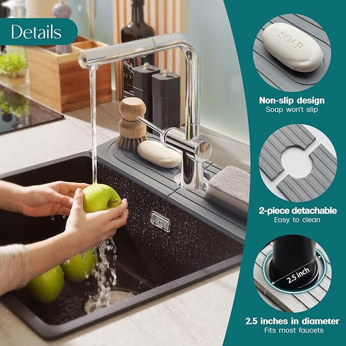 eormoe Faucet Mat for Kitchen Sink - Wider Diatomite Fast Drying Stone Sink Tray, Super Absorbent, Prevents Moisture Buildup - Faucet Splash Guard for Bathroom Counter (Grey, 15x5.3inch)