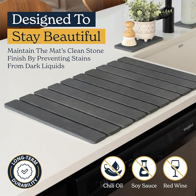 Oleex 3-Pack Stone Dish Drying Mat Set Includes 1 Large 24”x16” & 2 Small 4”x9” for Kitchen Counter-Collapsible Diatomaceous Earth Pad Absorbs Water & Dries Dishes Fast, Non-slip, Odor-Resistant Mats